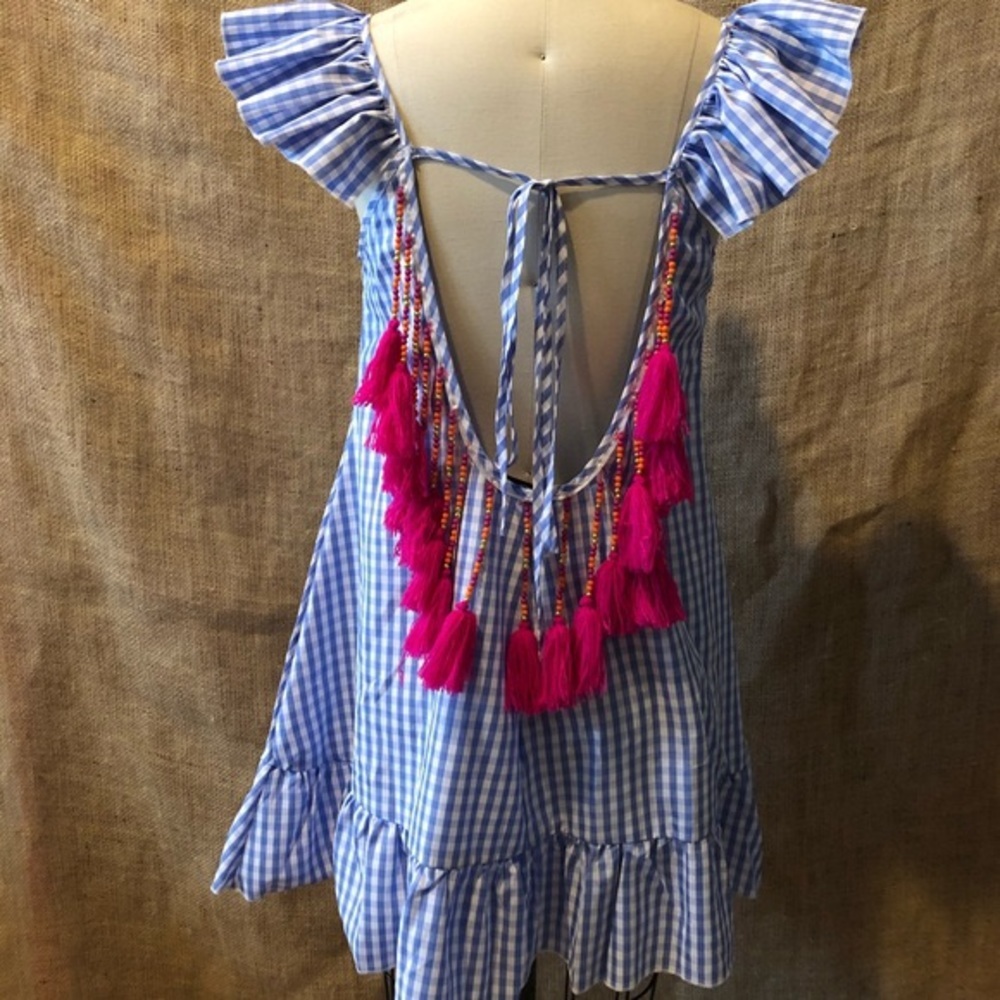 SHEIN Blue Gingham Open Back Tassel Dress - XS